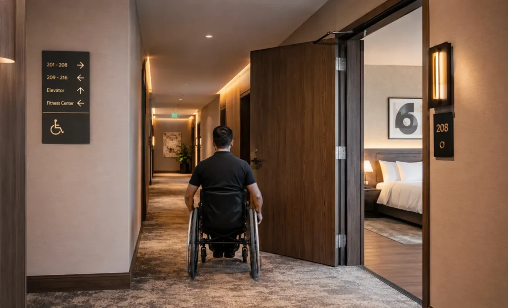 Man in Wheelchair Entering Gallery adjacent to an Accessible Hotel Room in Dubai