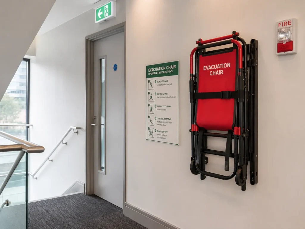 Emergency Evacuation Equipment near to the Girl in Wheelchair Entering Accessible Hotel Room 
