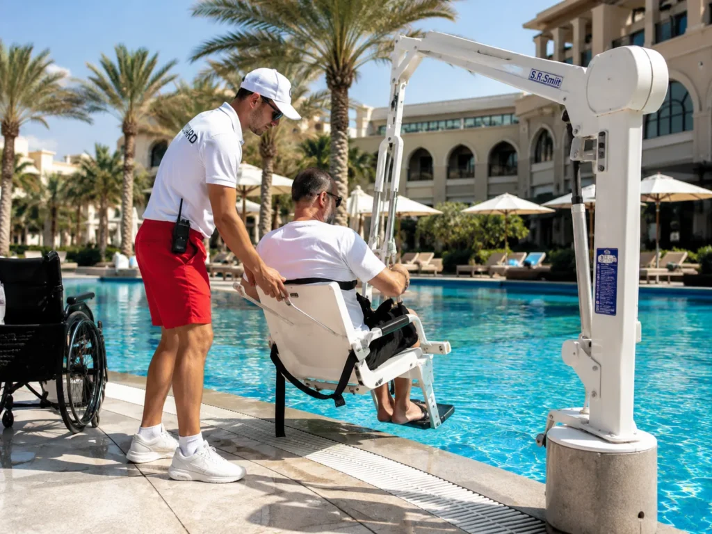 Assistant is helping a handicapped person with pool lifter near Swimming pool 