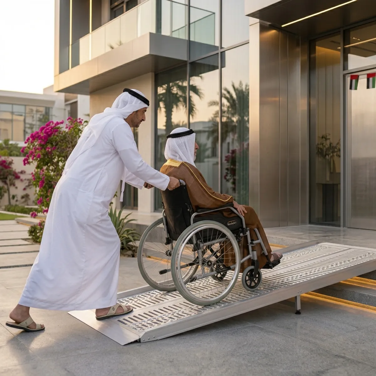 Villa entrance with a wide front door, a real photo placeholder for a step-free ramp entry