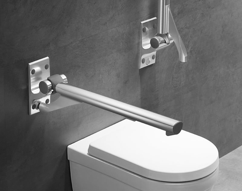 Toilet support arm fitted beside an accessible toilet