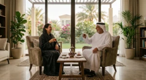 Adult daughter is enjoying afternoon coffee with her aged father Caring for Aging Parents at Home in the UAE
