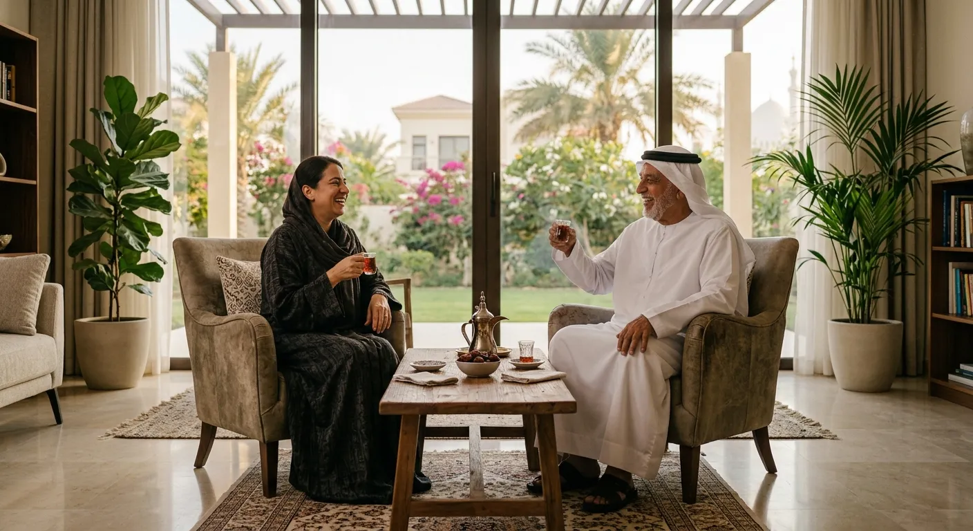 Adult daughter is enjoying afternoon coffee with her aged father Caring for Aging Parents at Home in the UAE