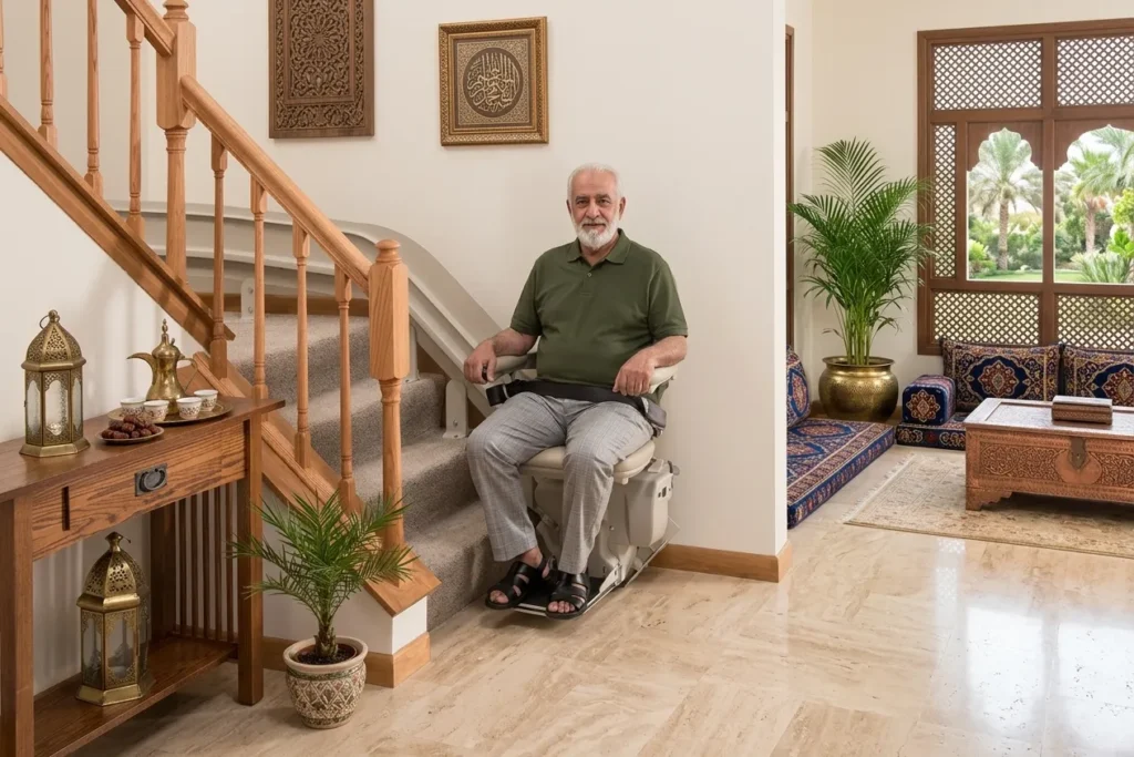 An Arab Old Man is sitting in the Stairlift