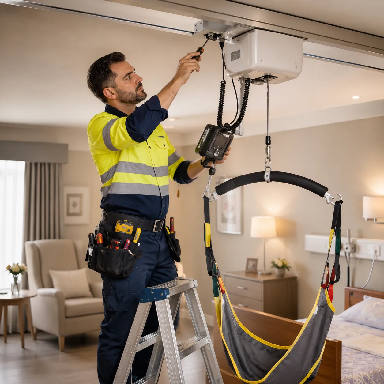 Ceiling hoist track installed in a care setting, the type of equipment Flex Access repairs and maintains