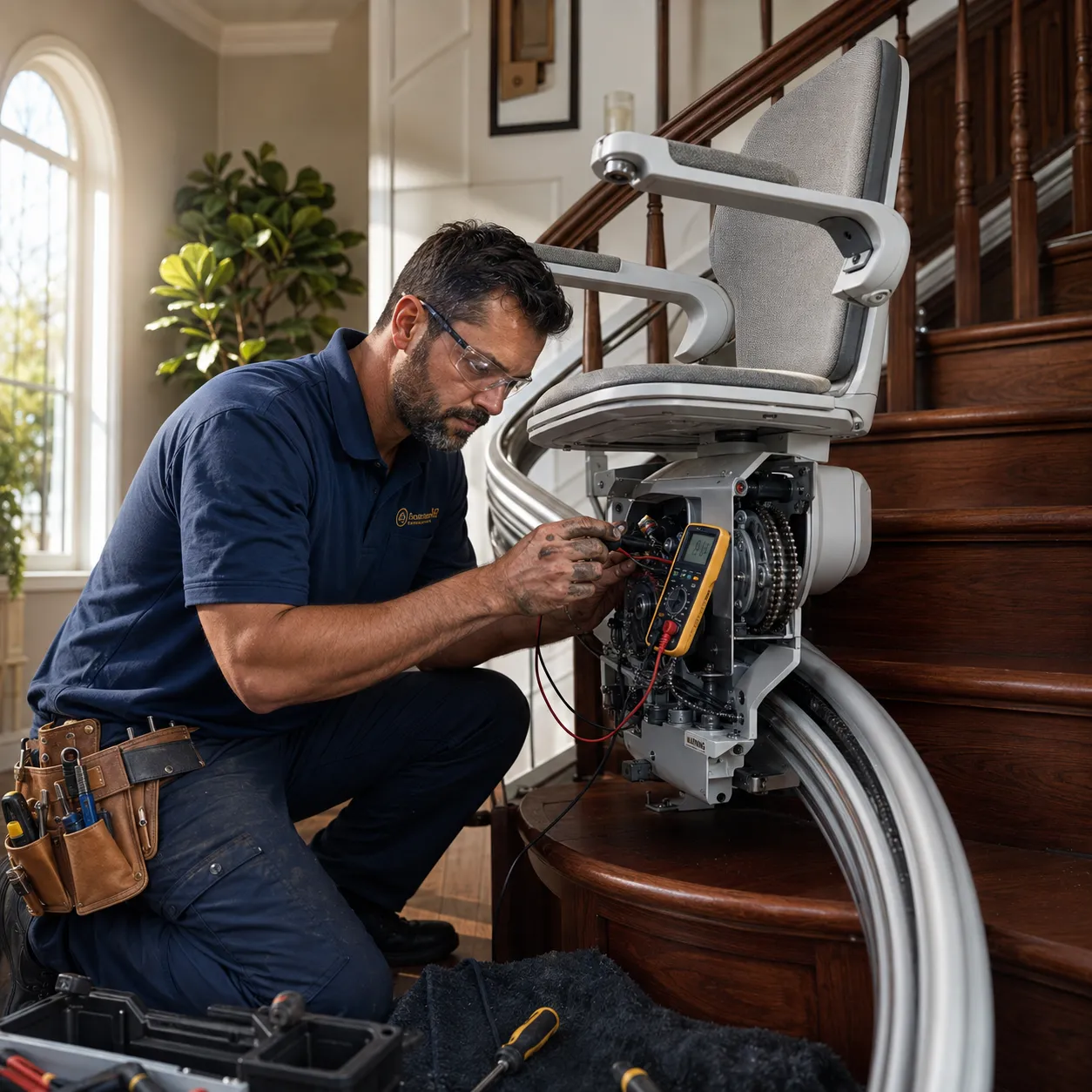 a technician servicing a stairlift or accessibility fixture