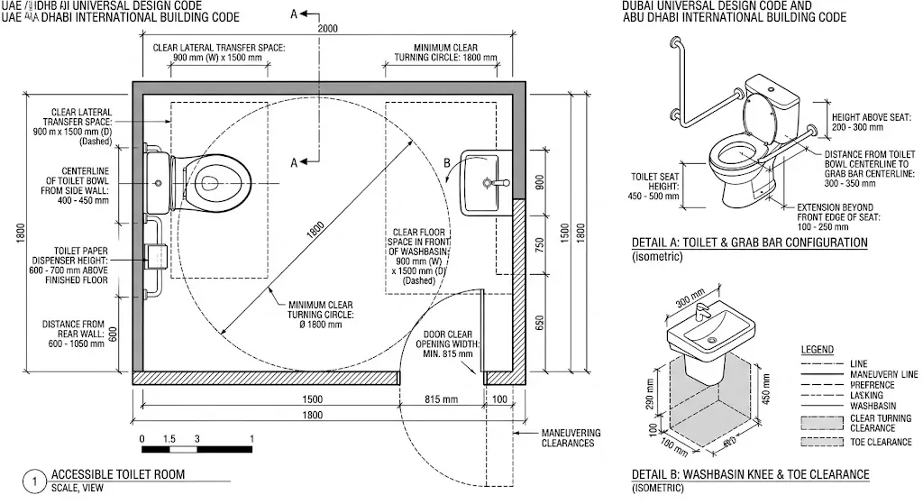 Spacious accessible bathroom showing turning circle clearance