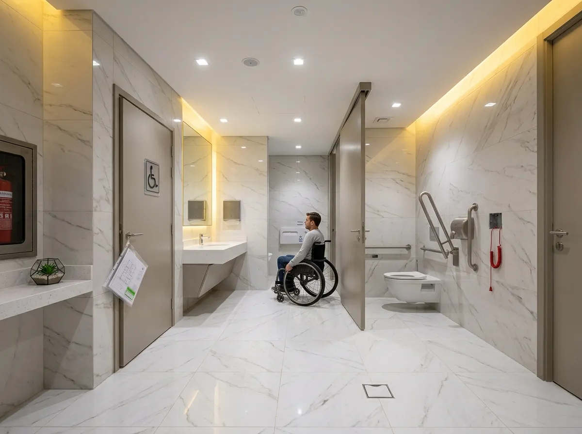 Wheelchair user is struggling as the handicapped toilet standards are not met in this accessible bathroom