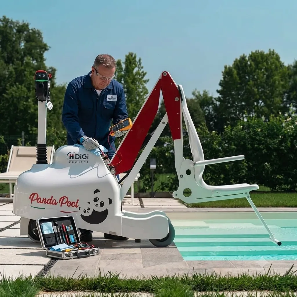 Pool hoist beside a swimming pool, the type of accessibility equipment Flex Access repairs and maintains