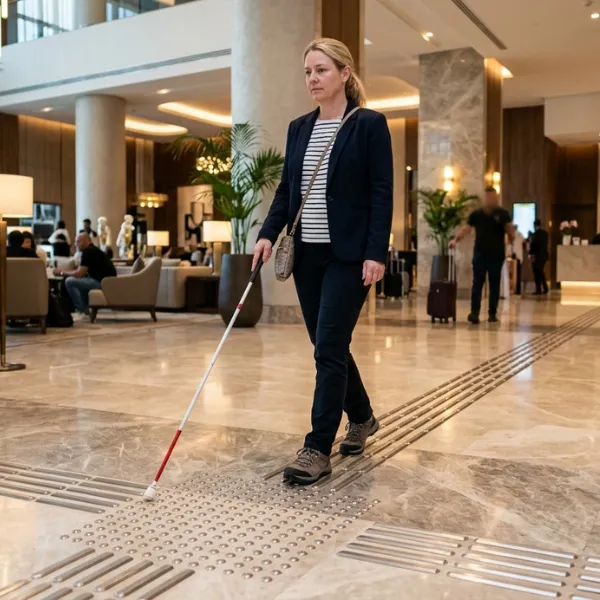 Person using a white cane walking across a tactile paving installation in the UAE