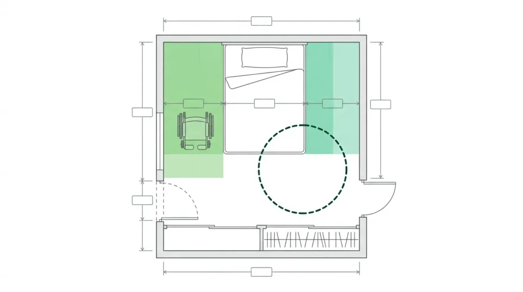 1500 mm transfer side, 1600 mm bed, 1000 mm second side, 1500 mm turning circle, approx. 4.1 m x 4.1 m room