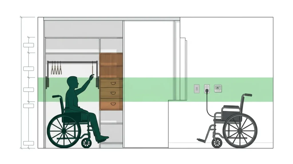 Wall elevation showing wardrobe rail, shelves, switches and AC control within 700 to 1200 mm wheelchair reach zone