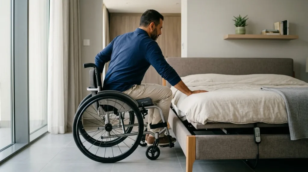 Wheelchair user transferring sideways onto a bed set at the same height as the wheelchair seat