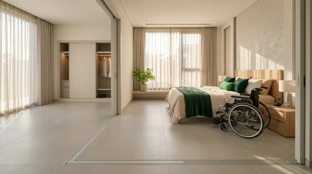 Wheelchair accessible bedroom in a UAE villa with clear space beside the bed and a wheelchair parked for transfer