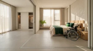 Wheelchair accessible bedroom in a UAE villa with clear space beside the bed and a wheelchair parked for transfer