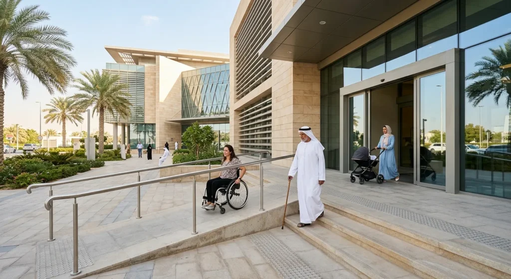 Accessible building entrance in Abu Dhabi with a ramp used by a wheelchair user, a parent with a stroller and an elderly visitor