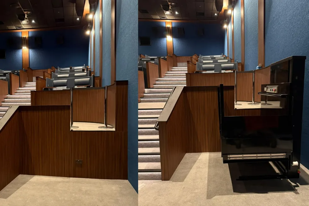 How Flex Access installed an Elevex wheelchair platform lift at VOX Cinemas Yas Mall, Abu Dhabi, giving wheelchair users step-free access to raised seating.