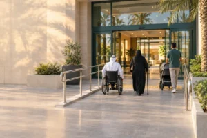 Accessible building entrance in Dubai with a step-free ramp and automatic doors used by a wheelchair user, an older visitor and a parent with a stroller