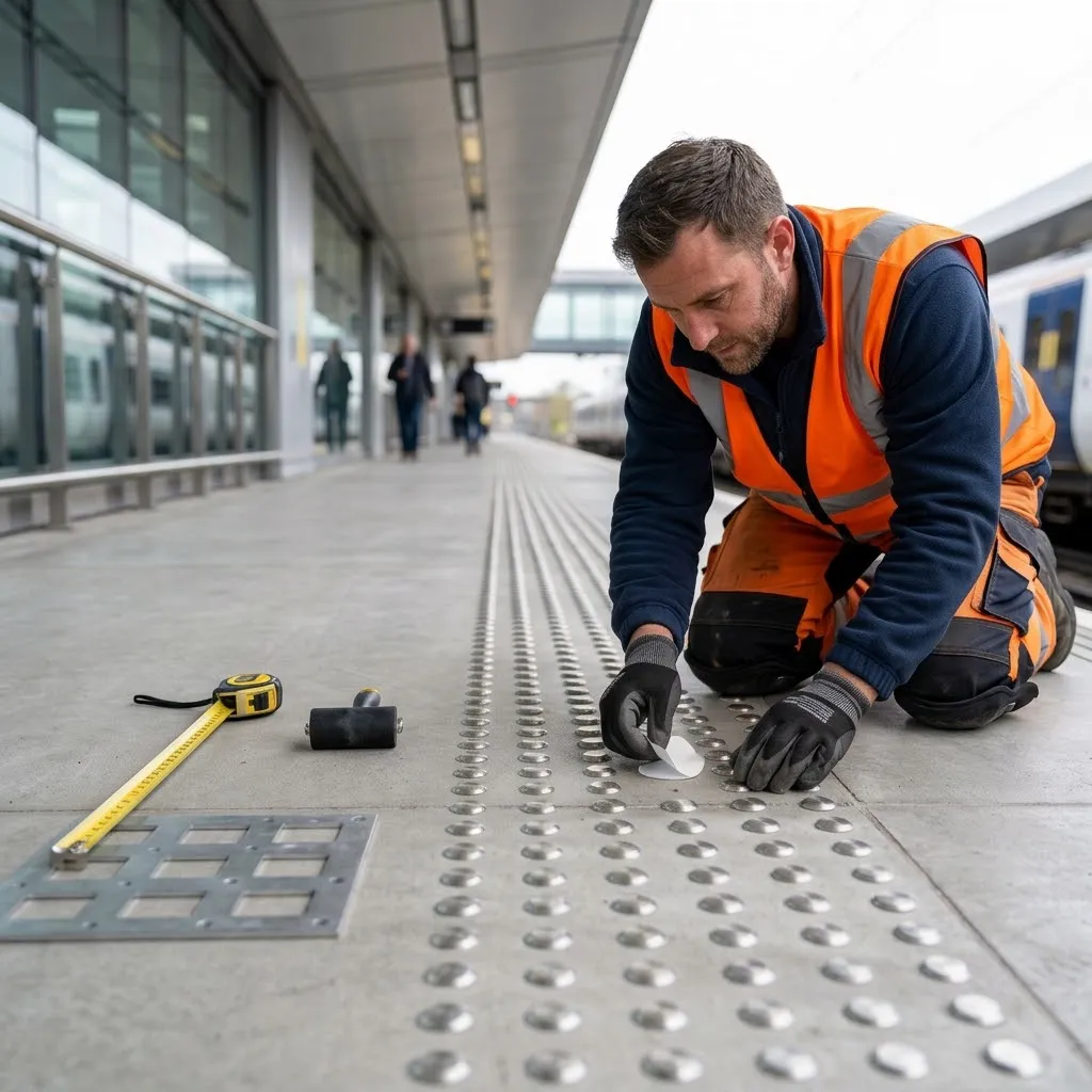Self-adhesive tactile studs being bonded to an existing indoor floor