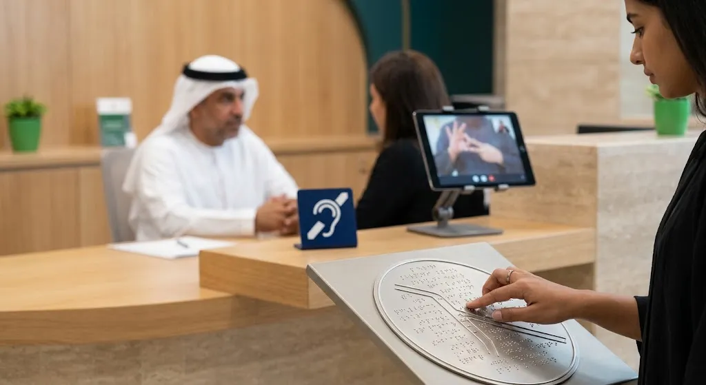 تقنيات مساعدة مطلوبة لمستوى Accessible UNI في وصول، منها خريطة لمسية بطريقة برايل وحلقة سمعية عند منفذ خدمة في دبي