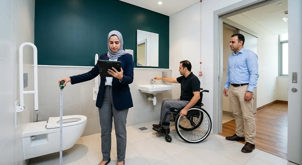 مقيّمون لسهولة الوصول يفحصون دورة مياه مهيأة خلال زيارة تقييم وصول الميدانية في دبي، بحضور ممثل مالك المبنى